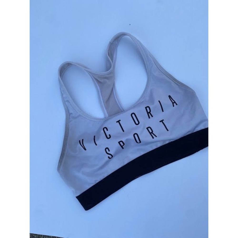 Victoria Sport Womens Racerback Graphic Logo Sports Bra Gray Black Activewear